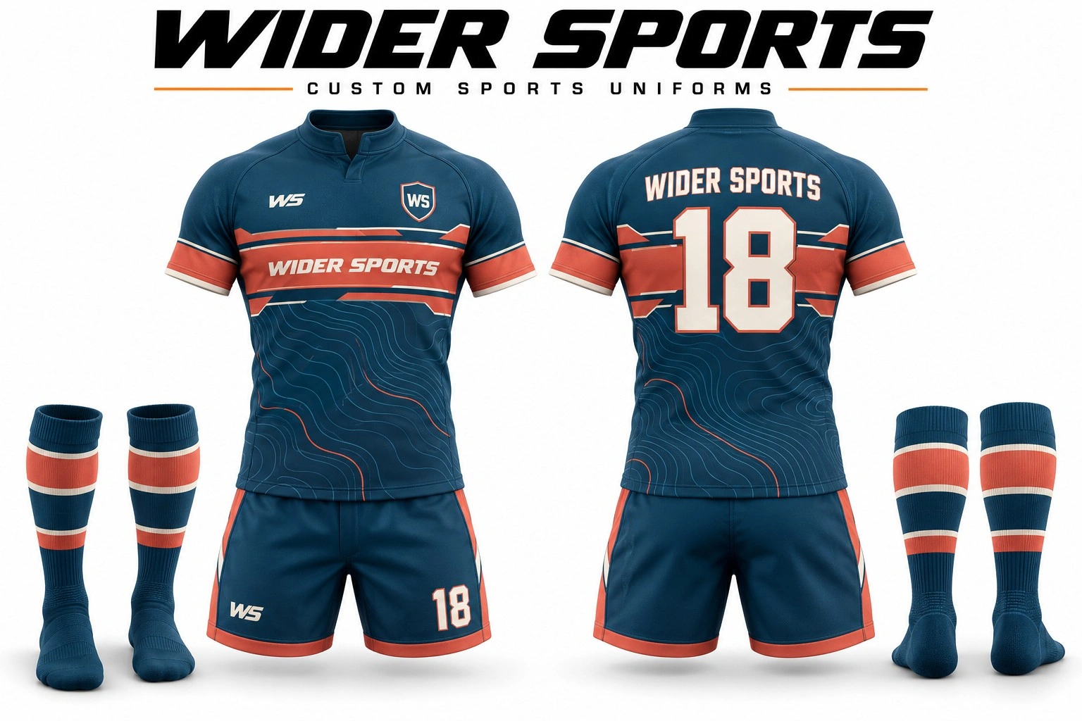 Petrol & coral rugby kit: Deep-blue number 18 kit with coral detailing, band collar and matching shorts and socks.