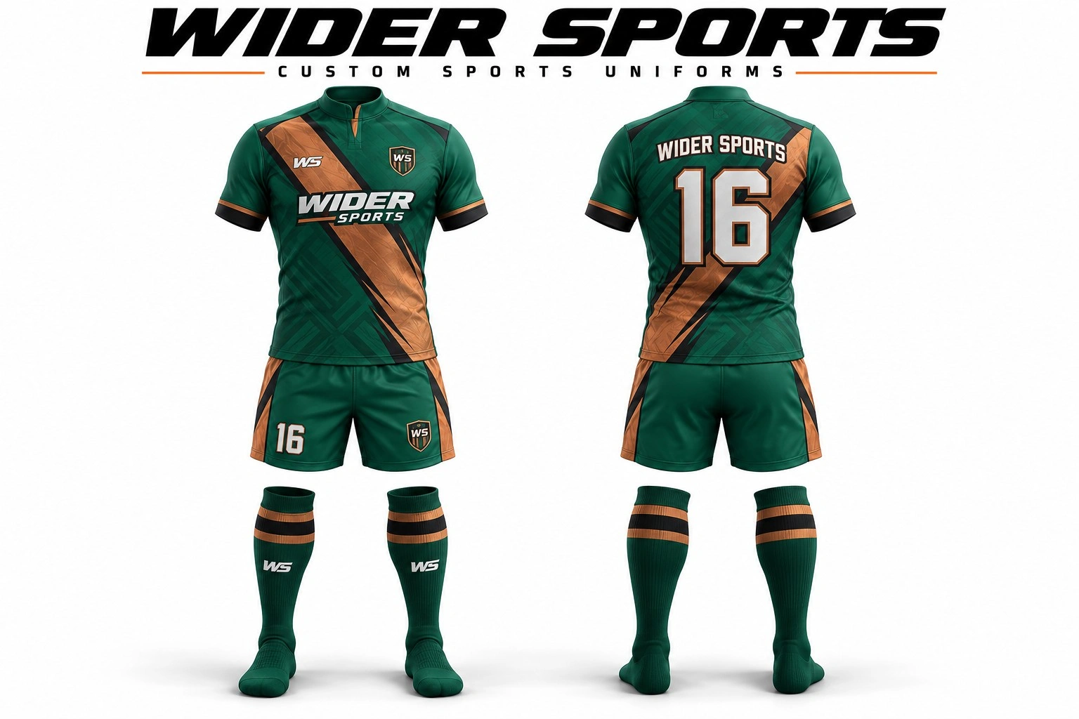 Emerald & copper rugby kit: Green number 16 kit with diagonal copper artwork, band collar and coordinated shorts and socks.