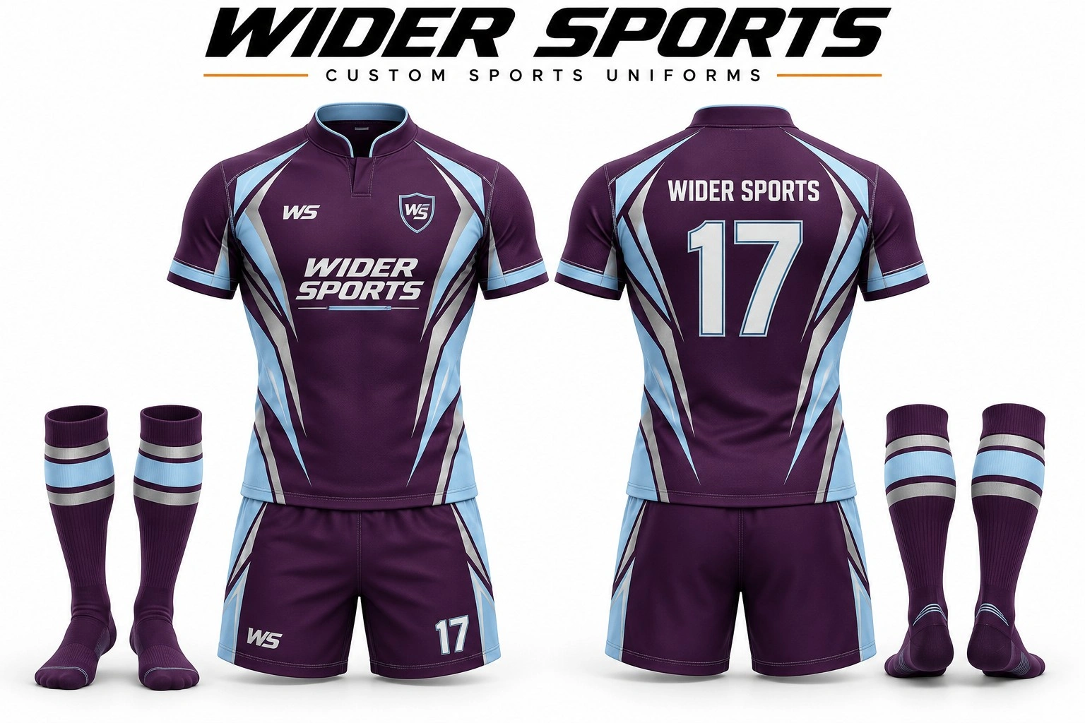 Plum & ice-blue rugby kit: Plum number 17 kit with ice-blue and silver accents, band collar and coordinated shorts and socks.