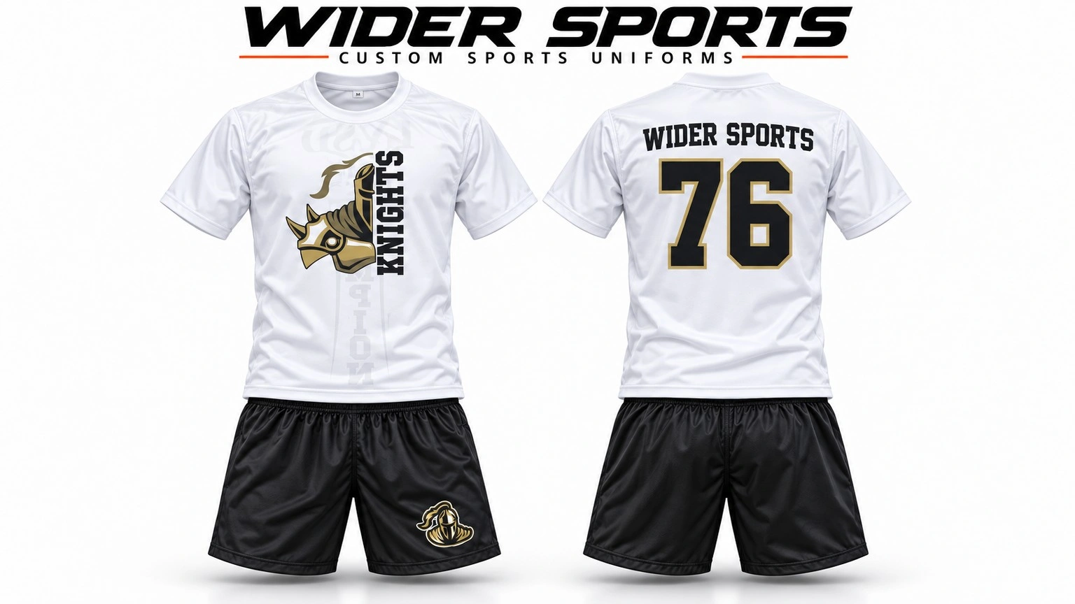 Knights uniform: White and black kit with gold team artwork and number 76, shown front and back.