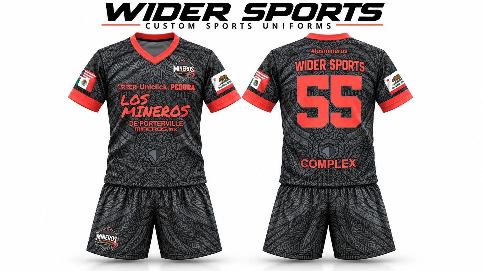 Los Mineros uniform: Charcoal patterned kit with red trim and number 55, shown front and back.