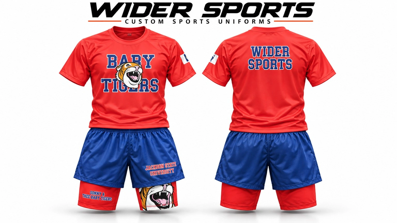 Baby Tigers uniform: Red and blue uniform with coordinated layered shorts, shown front and back.