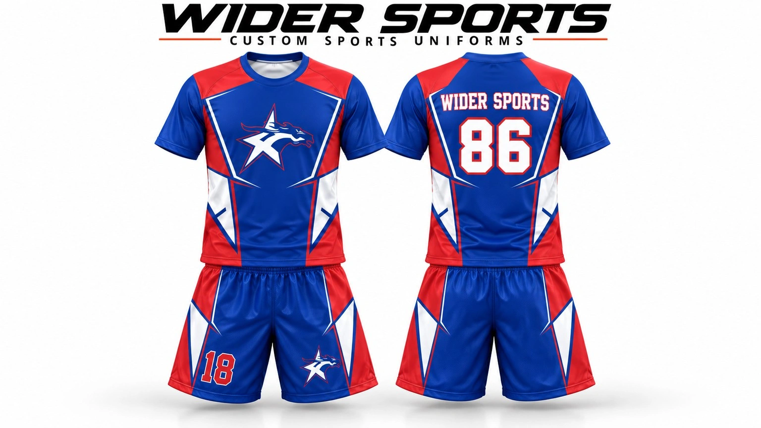 Red, white & blue uniform: A coordinated short-sleeve jersey and shorts design with contrasting team graphics.