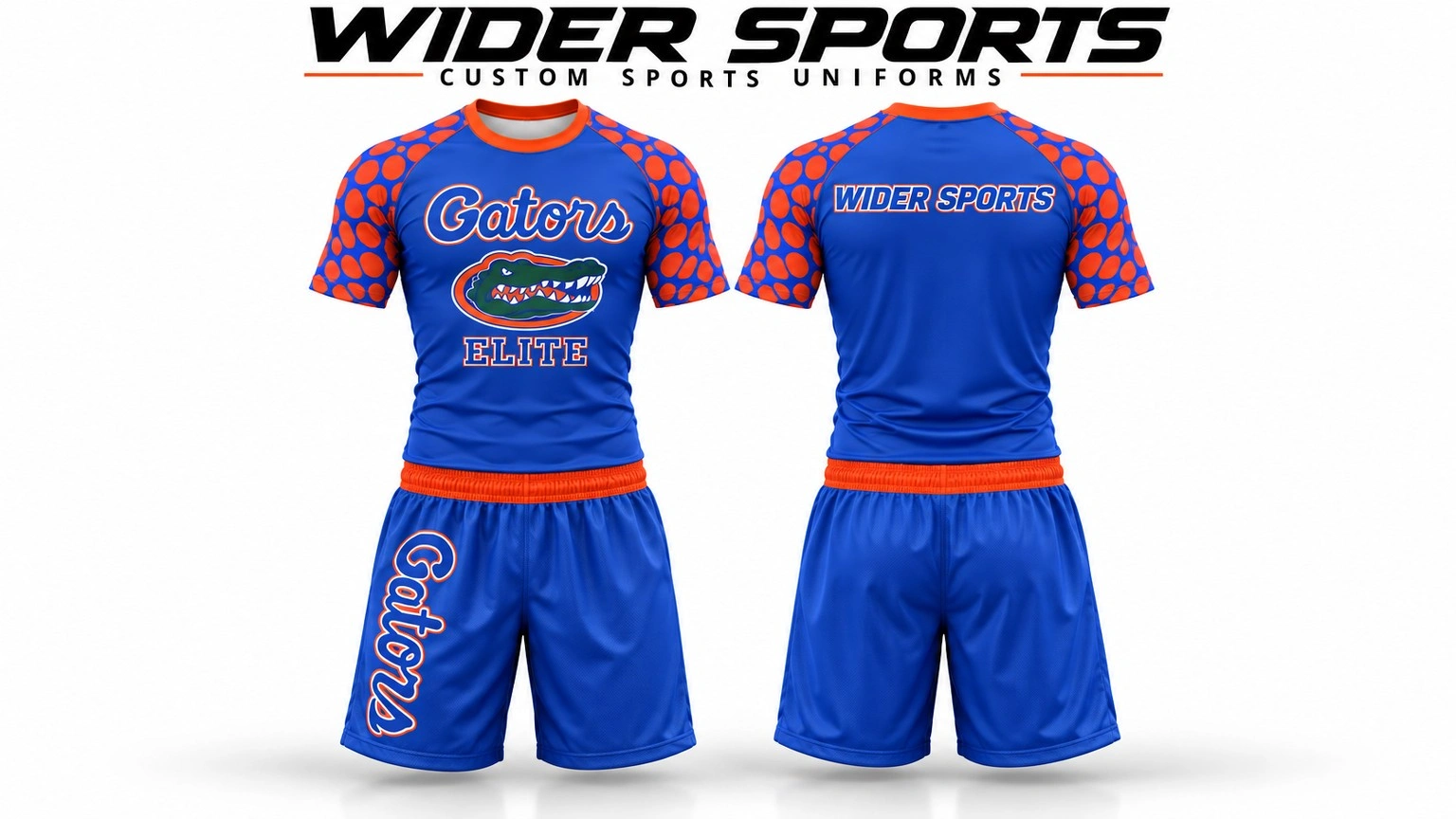 Gators Elite uniform: Blue and orange jersey and shorts with custom team artwork, shown front and back.
