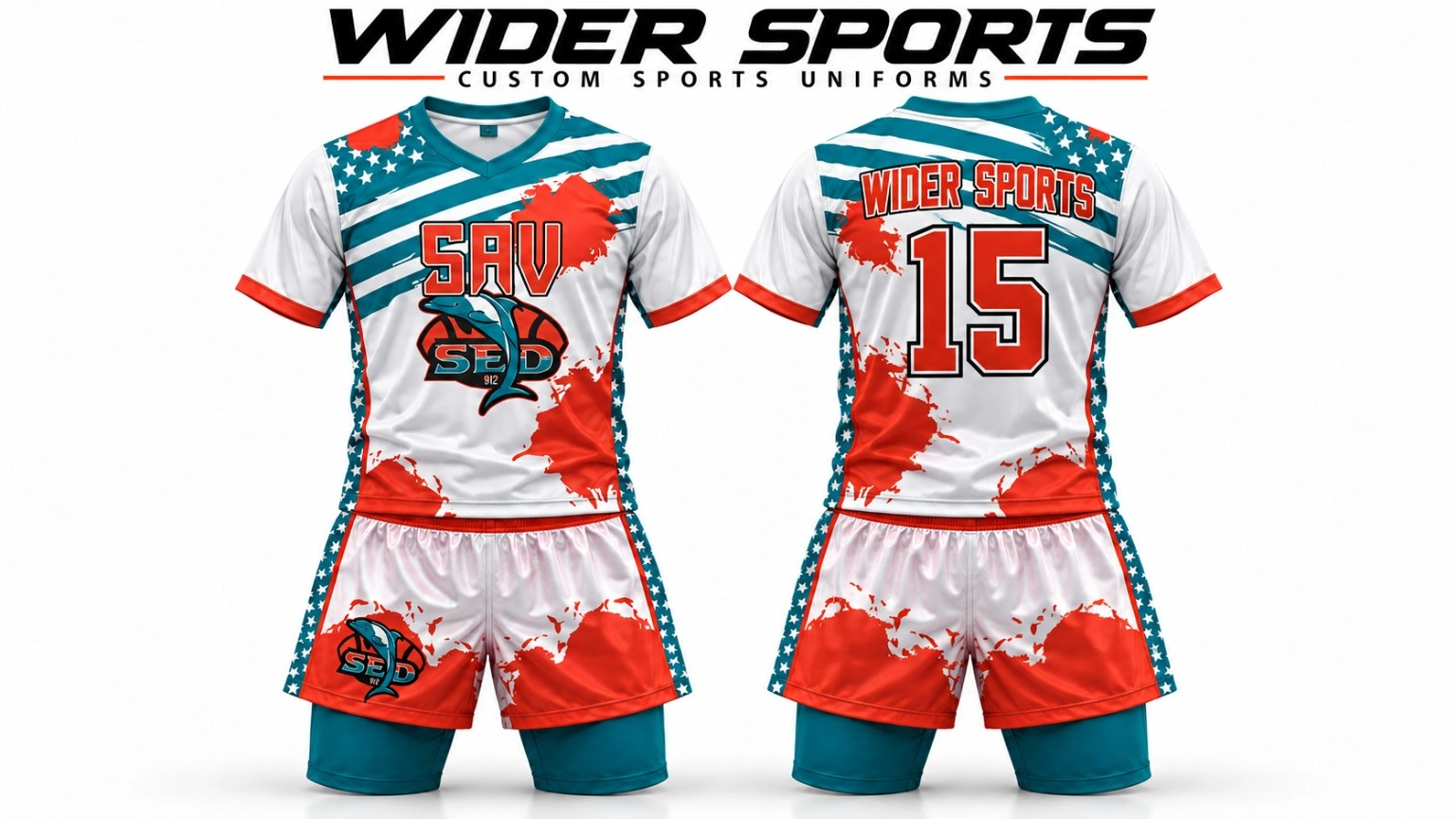 SAV uniform: White, teal and red team kit with stars, stripes and number 15, shown front and back.