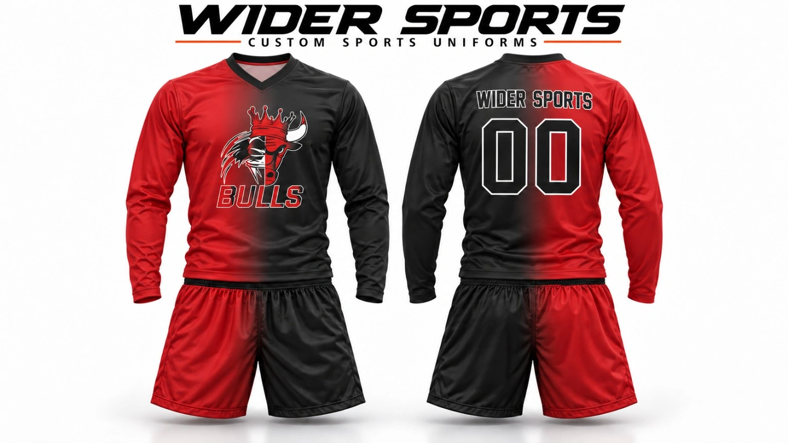 Bulls long-sleeve uniform: Red and black long-sleeve jersey with matching shorts, shown front and back.