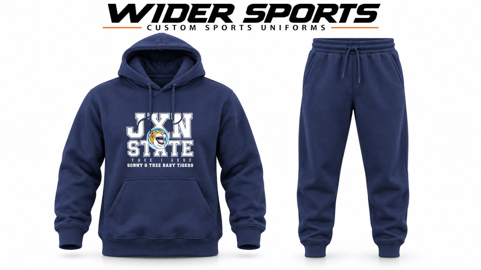 JXN State navy sweat suit: Navy pullover hoodie with team artwork and matching jogger trousers.