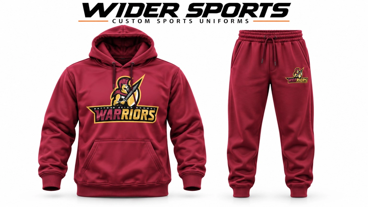 Warriors maroon sweat suit: Maroon pullover hoodie and matching jogger trousers with team branding.