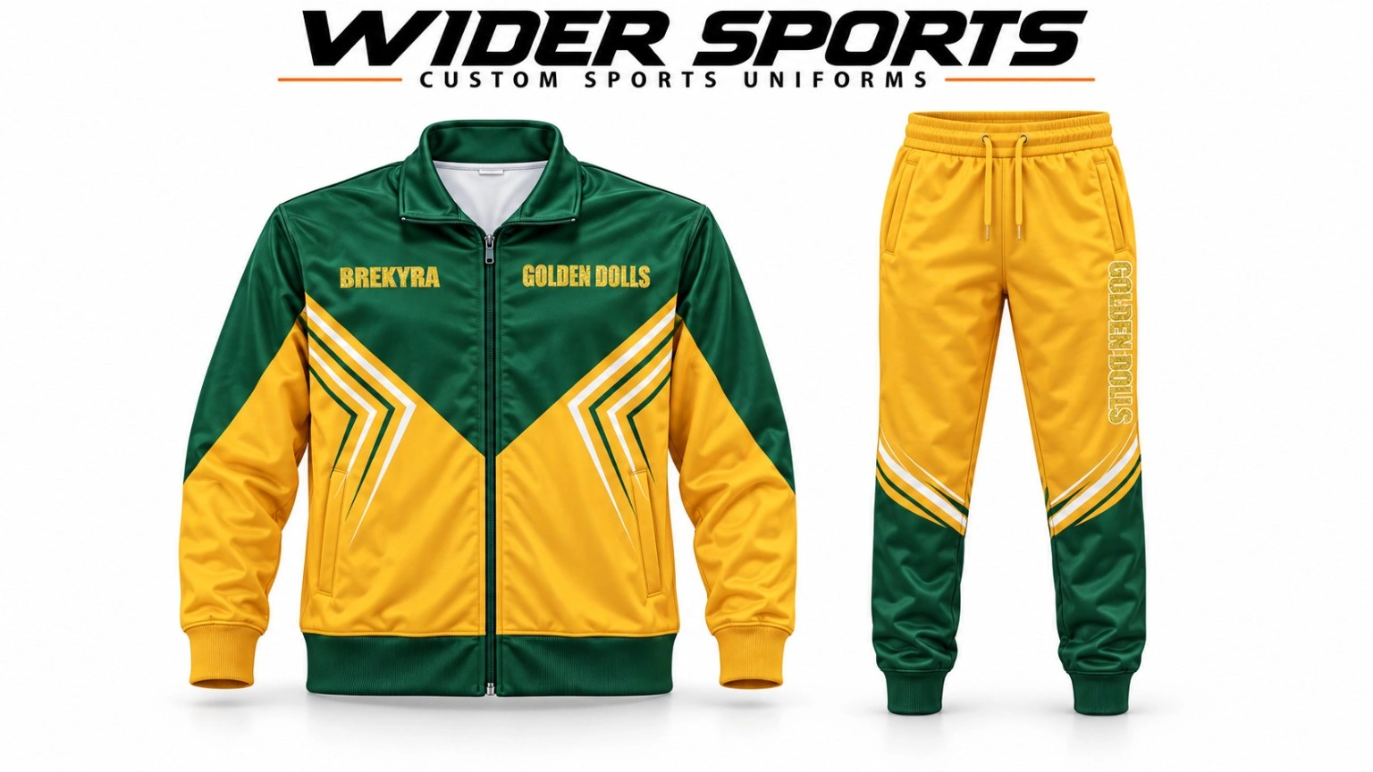 Golden Dolls zip-jacket set: Green and gold zip jacket with coordinated patterned trousers.