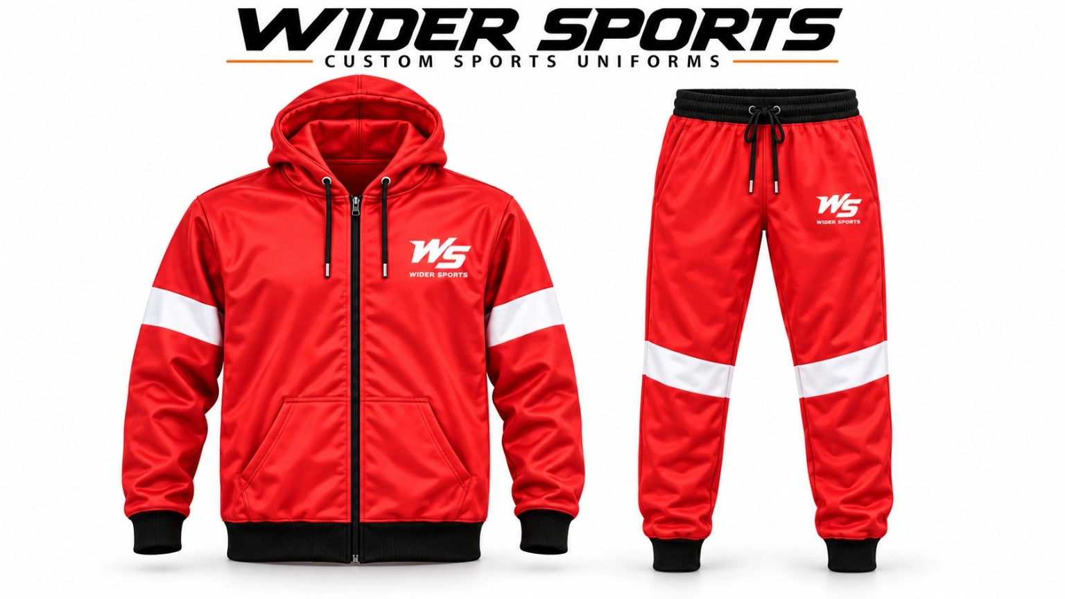 Wider Sports red zip-hoodie set: Red zip hoodie and matching trousers with white panels and WS branding.