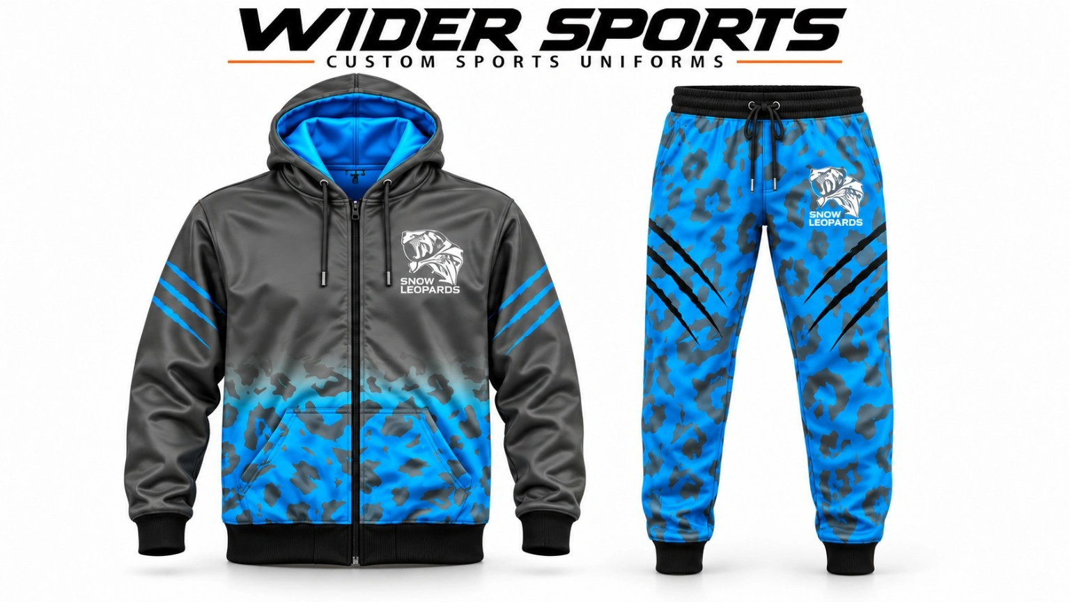 Snow Leopards zip-hoodie set: Black and bright-blue patterned zip hoodie with matching jogger trousers.