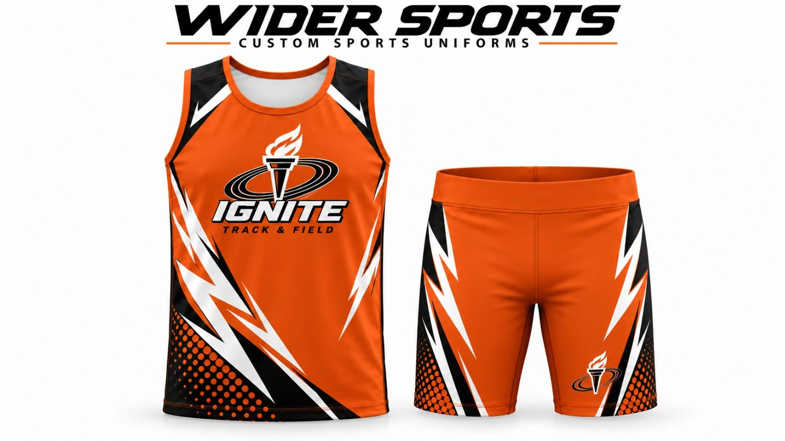 Ignite orange, black and white track uniform