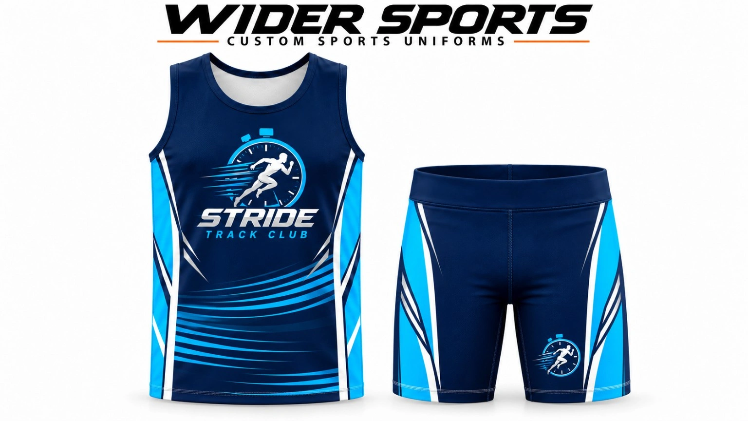 Stride racing set: Navy and bright-blue singlet and fitted shorts with track-club artwork.
