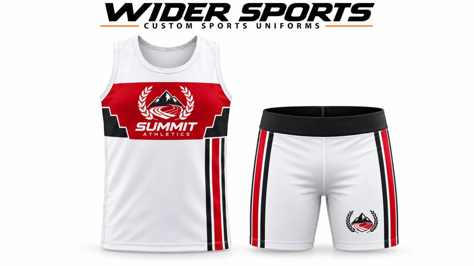 Summit racing set: White, red and black singlet with matching fitted shorts.