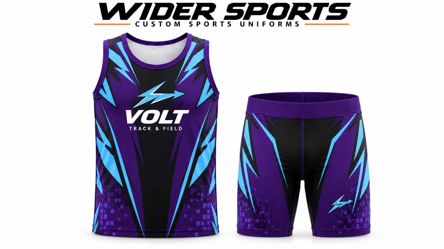 Volt racing set: Purple, black and light-blue racing set with lightning artwork.