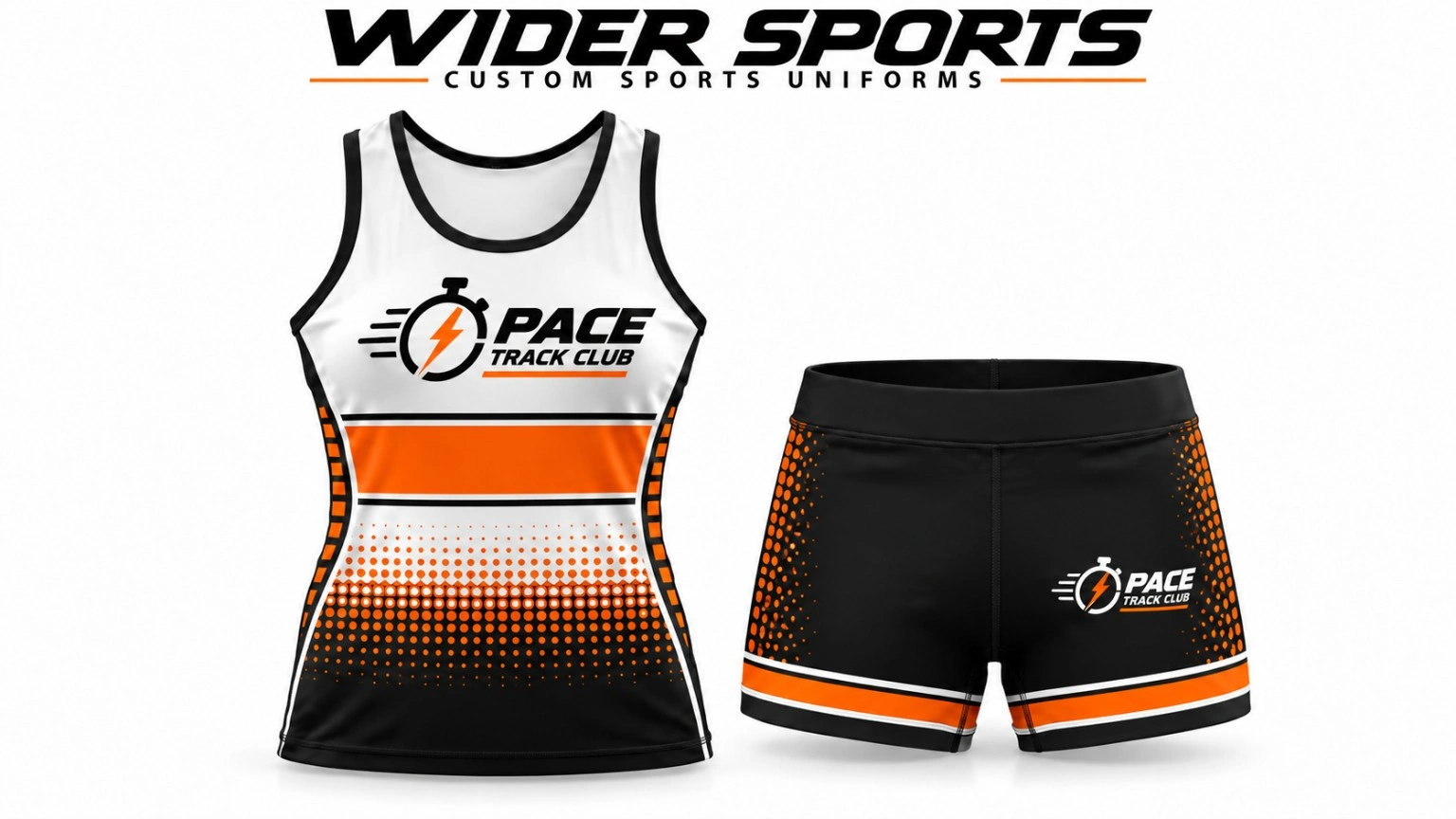Pace racing set: White, black and orange fitted top and shorts with coordinated track-club artwork.