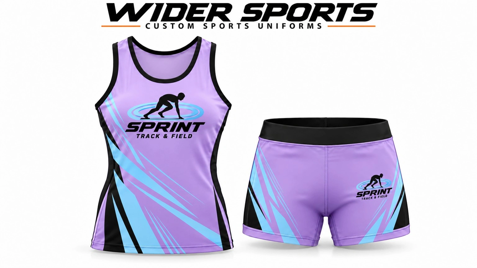 Sprint racing set: Lavender, light-blue and black fitted top and shorts with runner artwork.