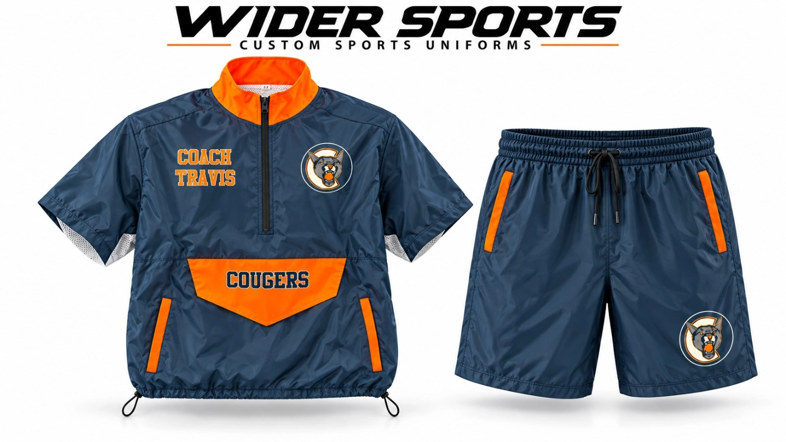 Navy & orange coaches set: Short-sleeve quarter-zip top with a stand collar, front pocket detail and matching shorts.