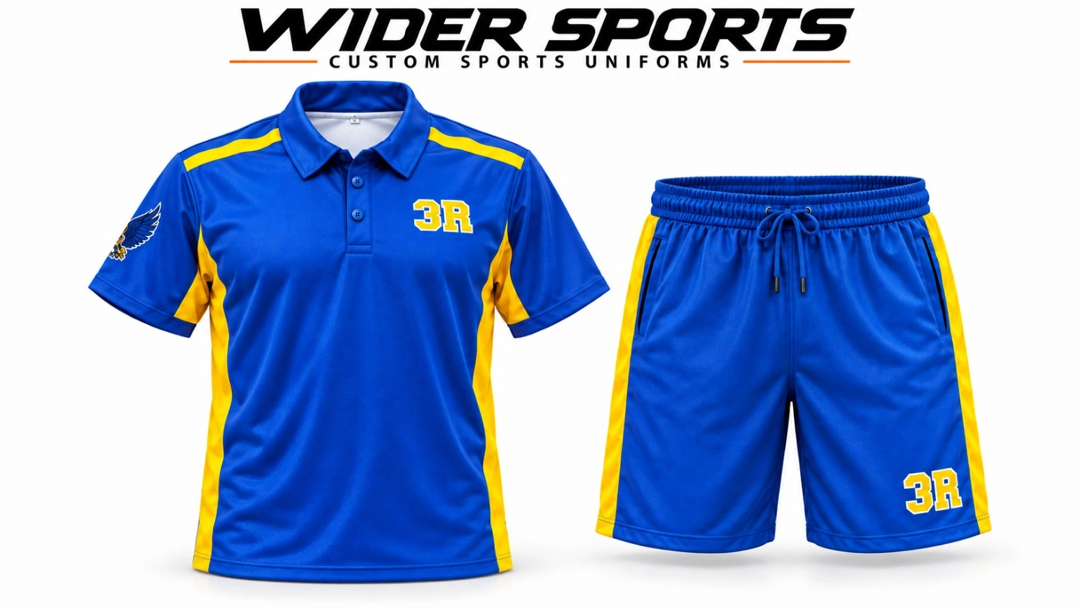 Royal blue & yellow polo set: Collared polo shirt with coordinated shorts and contrasting yellow panels.
