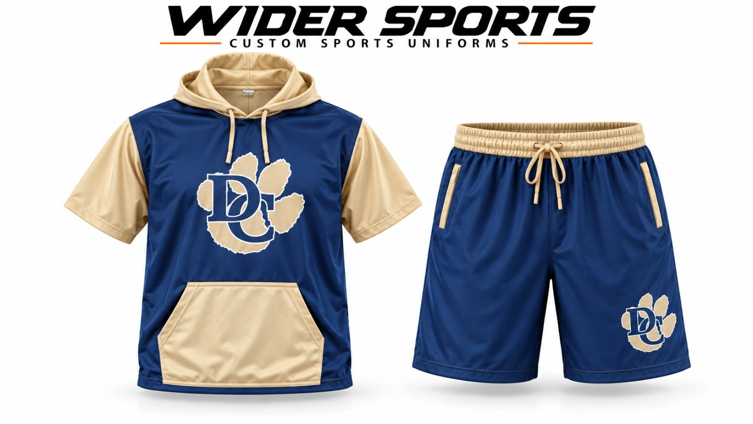 Navy & gold hooded set: Color-block short-sleeve hoodie and matching shorts with coordinated team artwork.