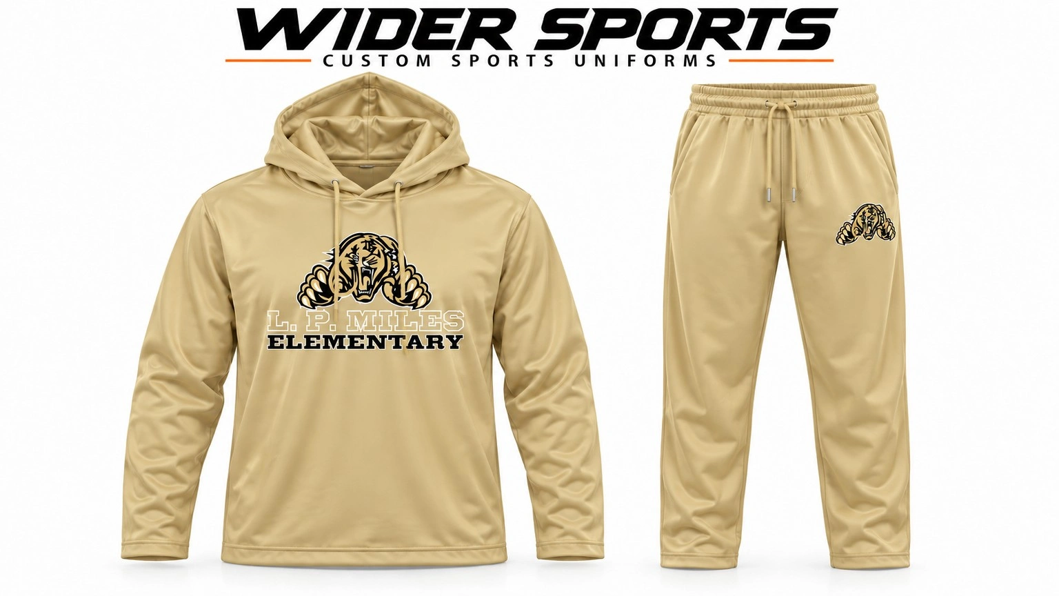 L. P. Miles gold warmup set: Gold long-sleeve pullover hoodie and matching trousers with team artwork.